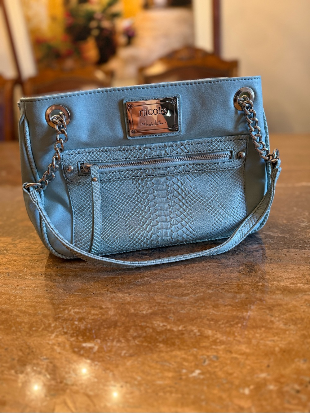 Nicole Miller Light Teal Faux Leather Shoulder Bag